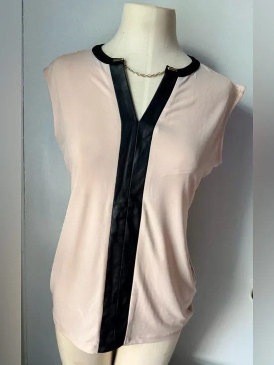 Calvin Klein Beige Camisole with Black Faux-Leather Center Trim - Picture 7 of 8